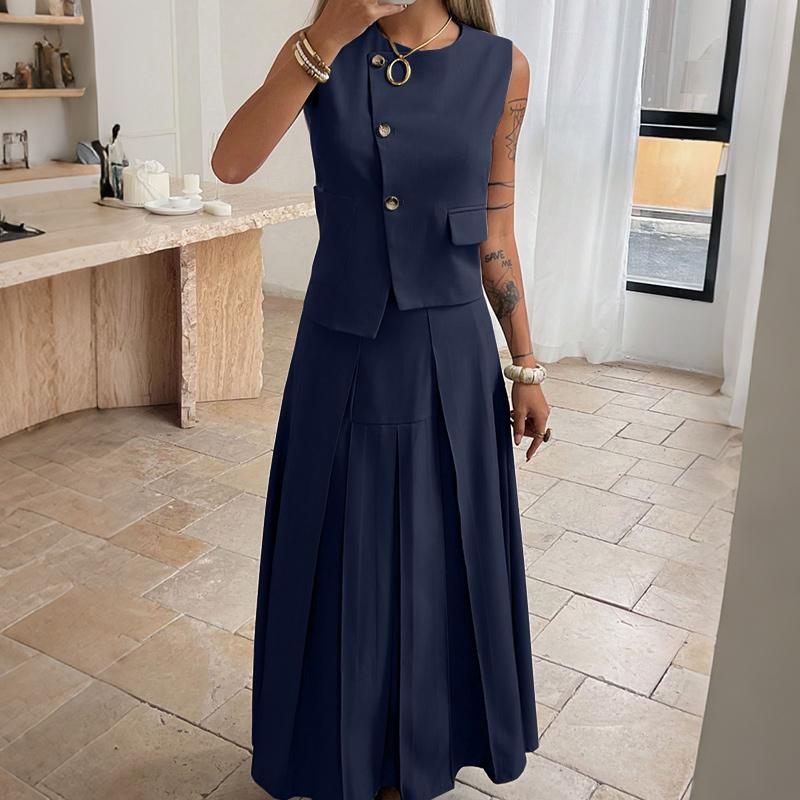 

ZANZEA Women Sleeveless Vest Tops and Long Skirts Elegant Two Piece Suit Sets S темно-синий