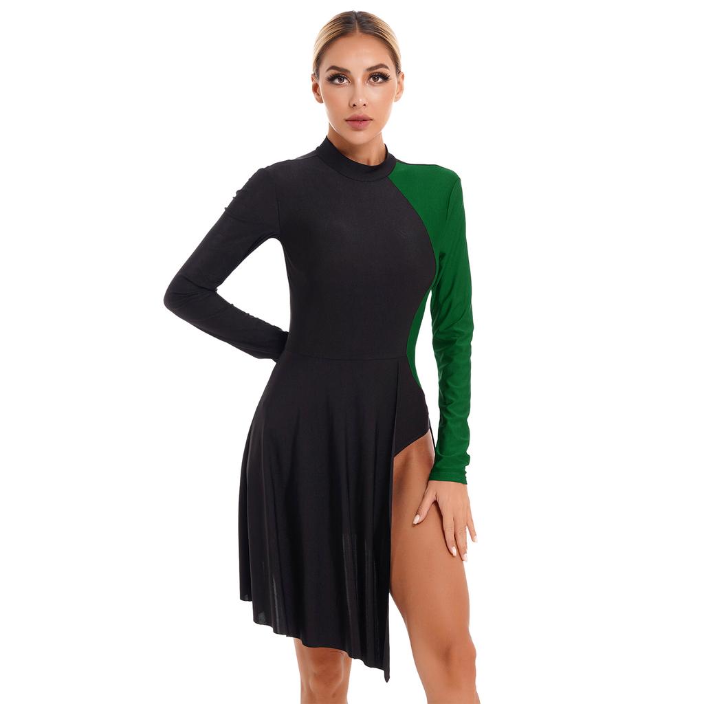 Womens  Mock Neck Color Block Long Sleeve Leotard Dress Side Split Asymmetrical Hem Dance Dresses