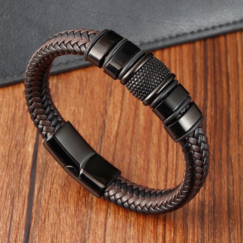 Fashion Handmade Men's Leather Bracelet Trendy Classic Charm Braided Wrap Stainless Steel Bracelets Punk Bangles