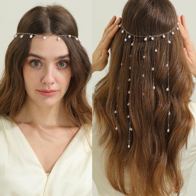 Fashion Bohemia Pearl Sequin Tassels Multi-Layer Hair Chain For Women Bride Rhinestone Forehead Chain Hair Jewelry