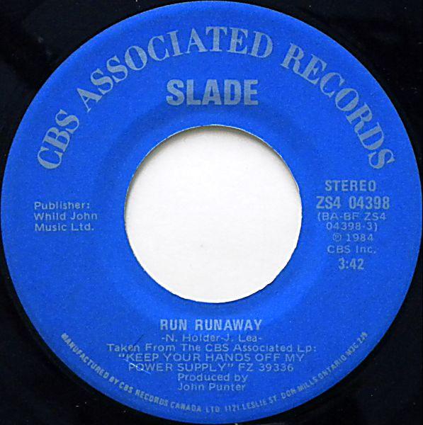 

7-дюймовая пластинка SLADE Run Runaway ZS404398 CBS Associated 1984 Канада Рок Б/у