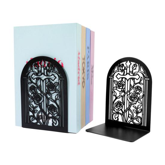 1 Pair Flower Metal Bookends Decorative Flower Vase Book Ends for Shelves Black