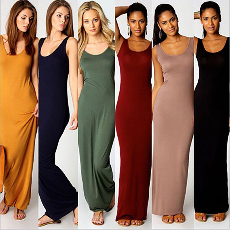 Bodycon Sleeveless Women Maxi Dress Oneck Casual Beach Long Tank Sundress