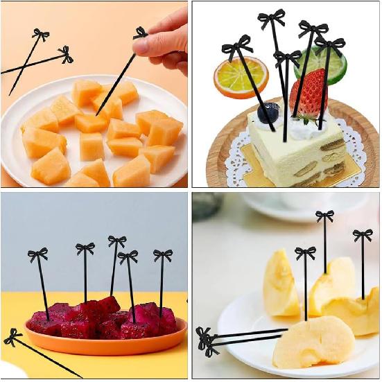 30pcs Fruit Fork Martini Skewers Black Bows Fiesta Cupcake Toppers Boy or Girl Halloween Toothpicks for Cocktails Bow Cupcake Topper Plastic Fruit