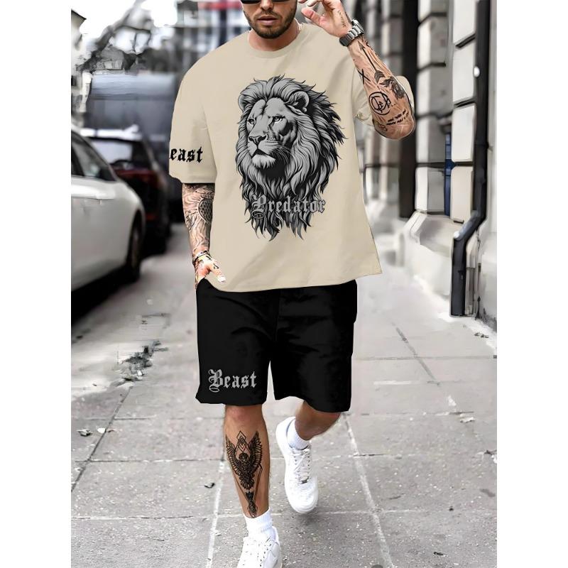 Modisches Löwen Tiger Tier Grafik T-Shirt Shorts Set Sommer Kurzarm Oberteil Kordelzug Shorts 2-teiliges Set Herren Sportbekleidung Anzug