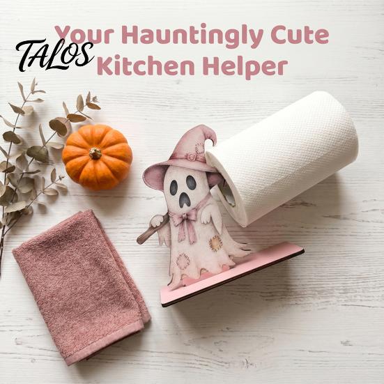 Decorative Paper Towel Rack Halloween Black Cat/Ghost Roll Holder, Wooden Vertical Stand, Stand Napkin Holder for Kitchen Table And Holiday