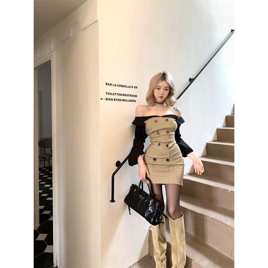 Patchwork Off-Shoulder Long-Sleeve Bodycon Dress with Waist-Cinching Design for Women - Autumn Hip-Hugging Short Skirt.