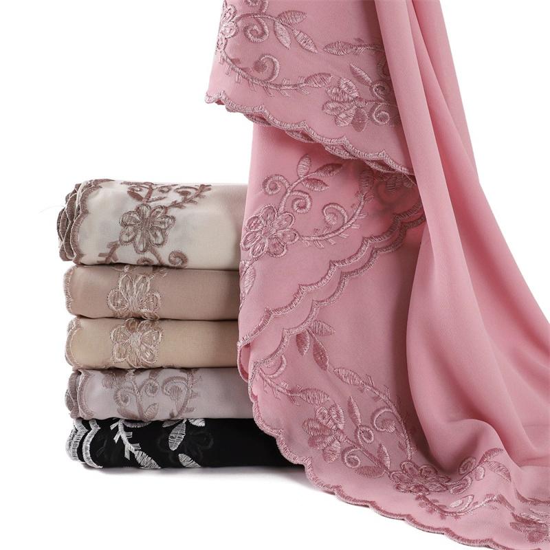 Fashion Embroider Lace Floral Bubble Chiffon Hijab Ramadan Solid Shawl Women Sunscreen Headscarf Outdoor Windproof Head Wrap