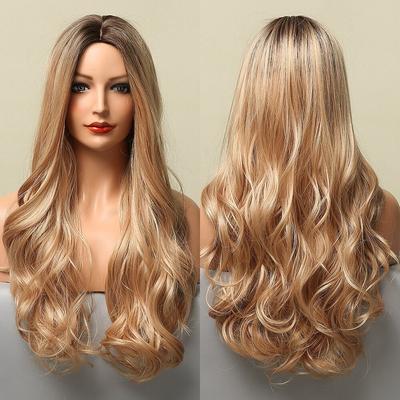 Long Wavy Synthetic Wigs Middle Part Ombre Black Brown Golden Cosplay Party Wig for Women Heat Resistant Fi
