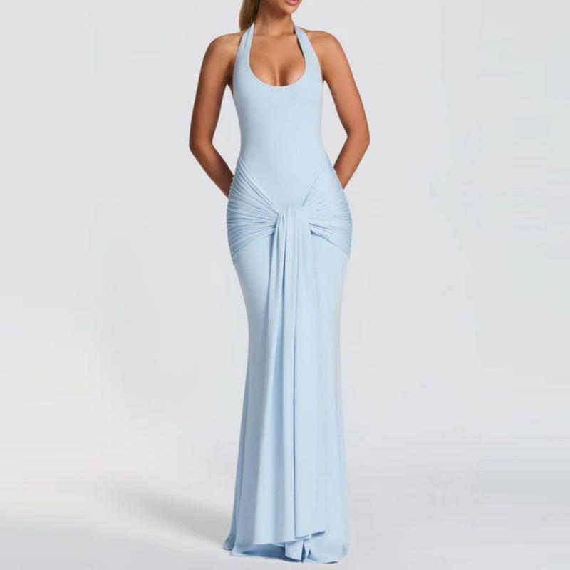2026 European & American Spliced Ribbon Camisole Halterneck Slim Fit Long Dress
