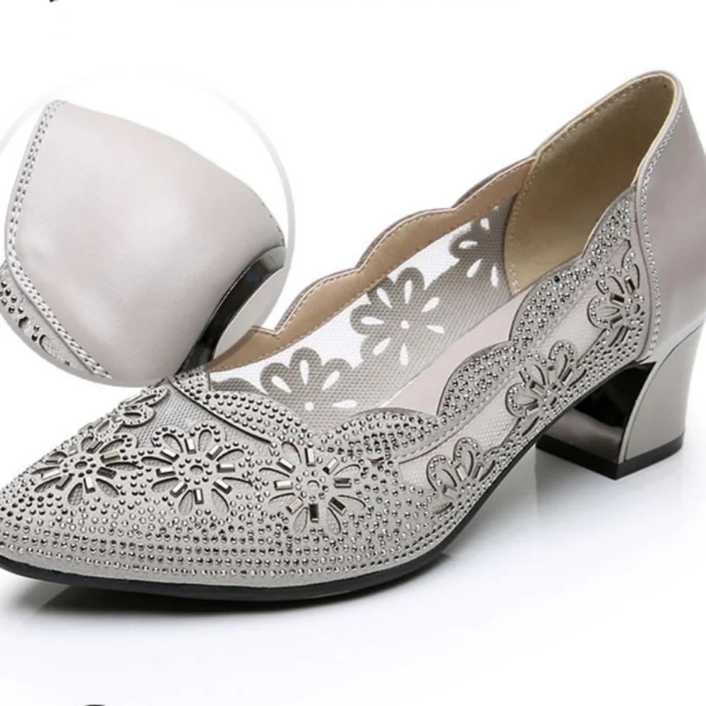 Summer Fashion Hollow Out Genuine Leather Pumps Women Shoes Med Heels Square Diamond Mesh Ladies Office Crystal Pointshoes