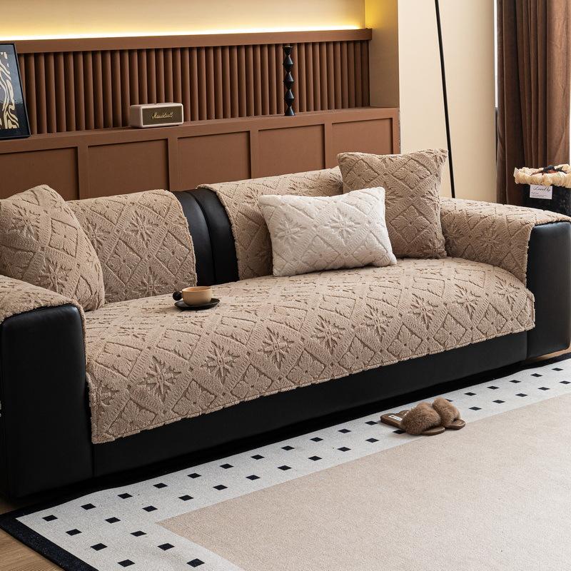 Retro High-End Straight Row Sofa Cushion Autumn And Winter Plush Leather Sofa Special Seat Cushion Fixed Non-Slip Cover Cover Cloth