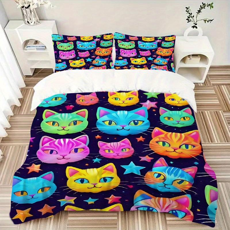 3pcs Colorful Cats Bedding Set, Suitable for Bedroom Decoration, (Includes 1 Duvet Cover And 2 Pillowcases, Quilt Not Included) yy250822117