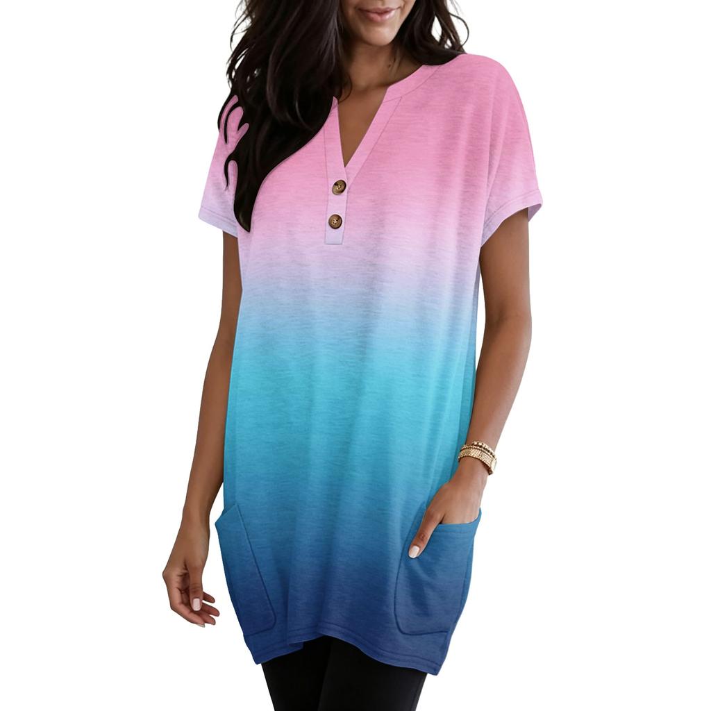 Women's V-Neck Gradient Print Short Sleeve Blouse with Pocket - Casual Pullover Top for Everyday Wear
