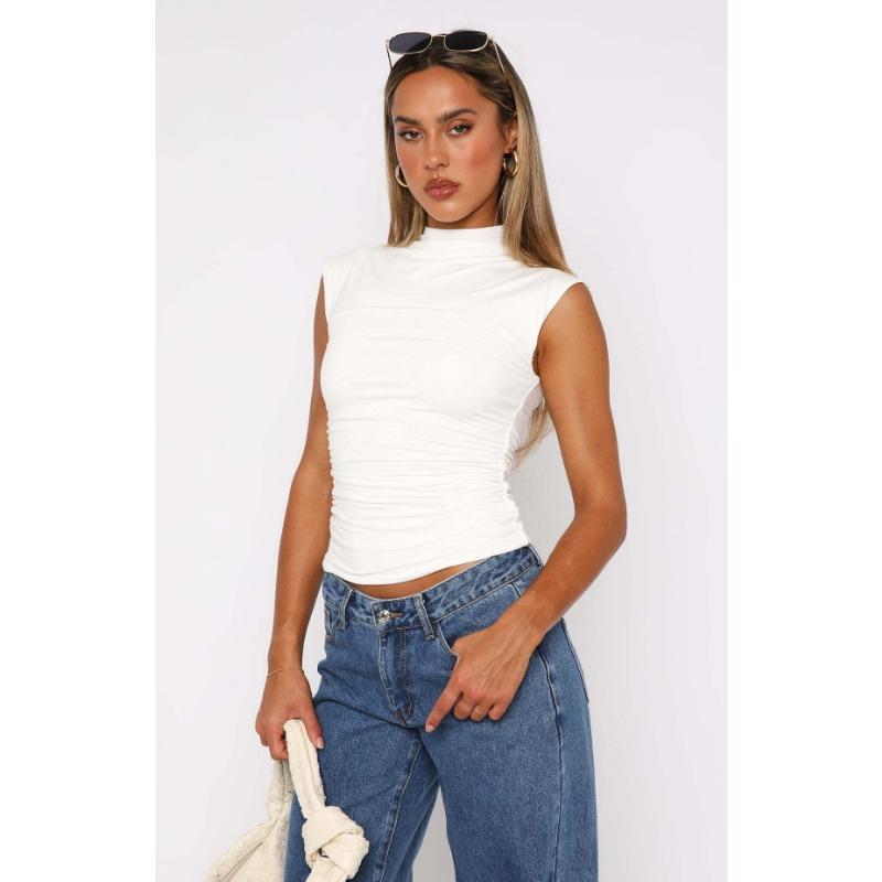 Women's Summer Half High Neck Solid Colour Pleated Slim Sleeveless Simple Comfort Top