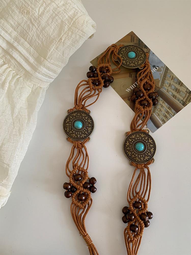 Hemp rope woven multi-layer pattern wood bead waist chain niche temperament retro belt temperament versatile high-end jewelry women