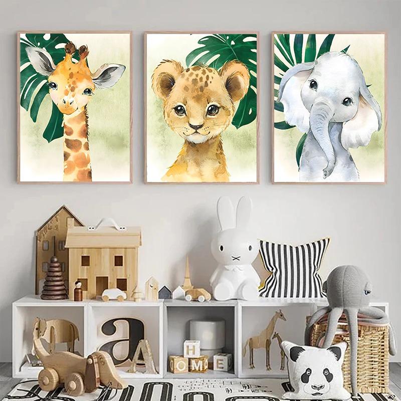 Goldenes Namensposter für Kinder Dschungeltiere Tiger Löwe Babyzimmer Dekorative Leinwandmalerei Kinderzimmerbild für Wandkunst Heimdekoration