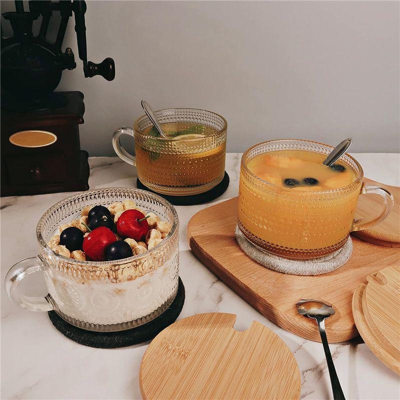 AEE4-Vintage Coffee Glass Mugs Set Of 2, Glass Coffee Tea Cups With Bamboo Lids, Coaster And Spoons,15Oz Clear Embossed 450ML B