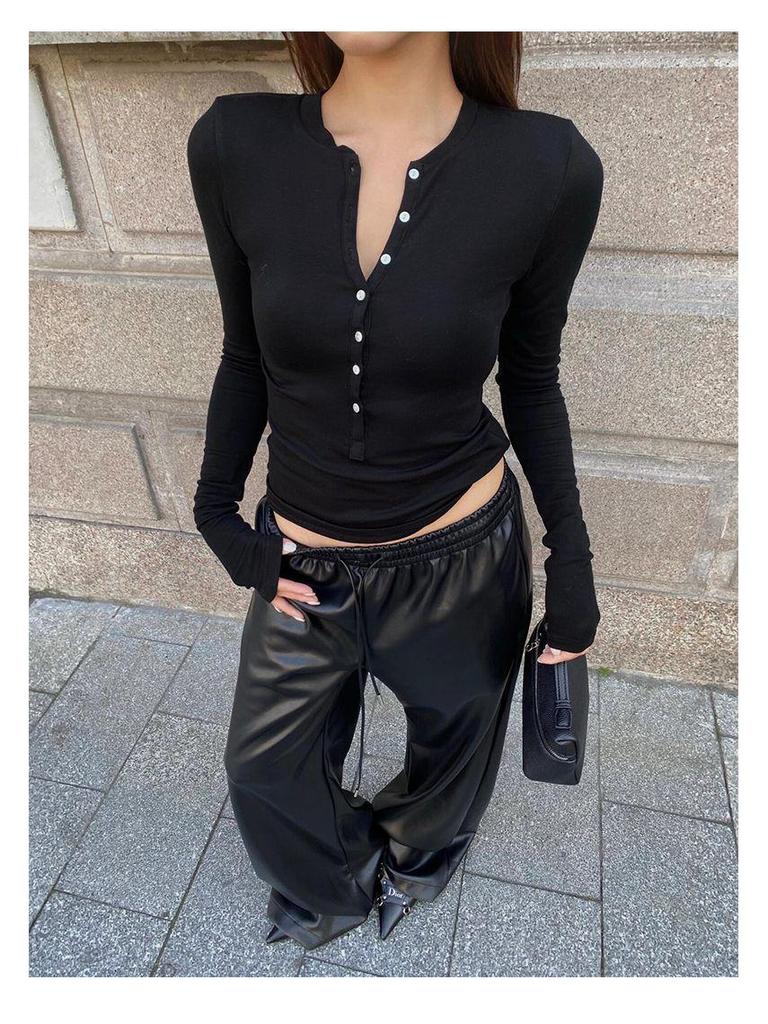 Women's Slim Fit Faux Cashmere Henley Top - Autumn/Winter Long Sleeve