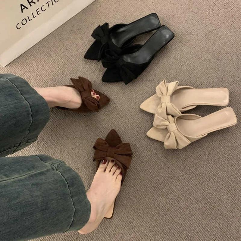 Fashion Bow - Decorated Pointed - Toe Mules | Multi - Color Retro Suede Casual Stylish Slippers