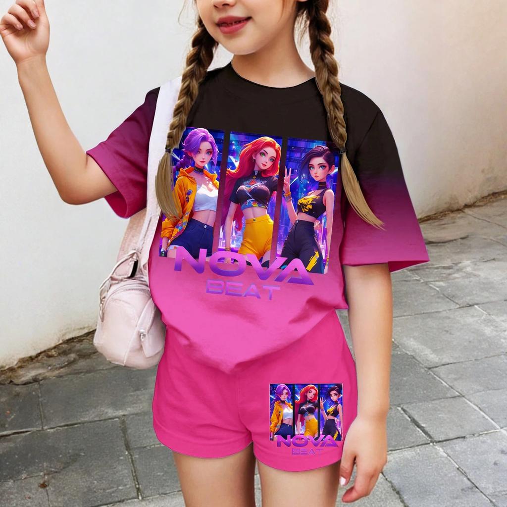 Kids Casual Short Sleeve T-Shirt and Shorts Set Graphic Printed Comfortable Lightweight Summer Outfit for Girls