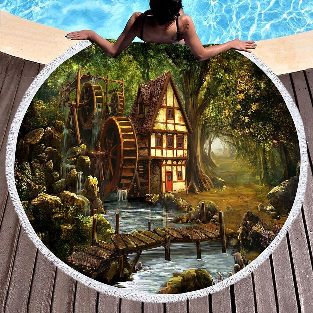 Round Beach Towel,Cartoon Fairy Tale Hedge House Sand Resistant Shawl Beach Blanket,Absorbent Quick Dry Pool Towel Picnic Mat