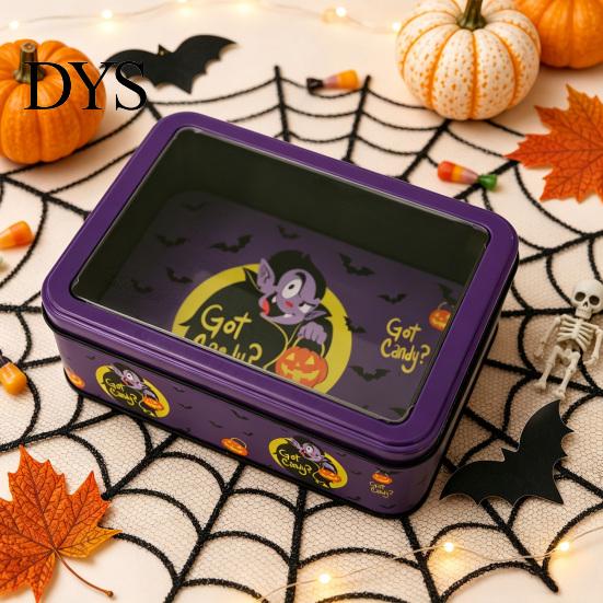 Seasonal Kitchen Storage Halloween Tin Box with Clear Lid, Witch Pumpkin Ghost Candy Window Metal Cases Container for Cookies Snacks, Festive