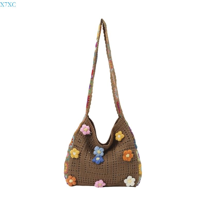 X7XC Women's Crochet Toted Bag Beach Bag Bohemian Shoulder Handbags Summer Vacation Crossbody Bag Portable Knit Hippies Bag