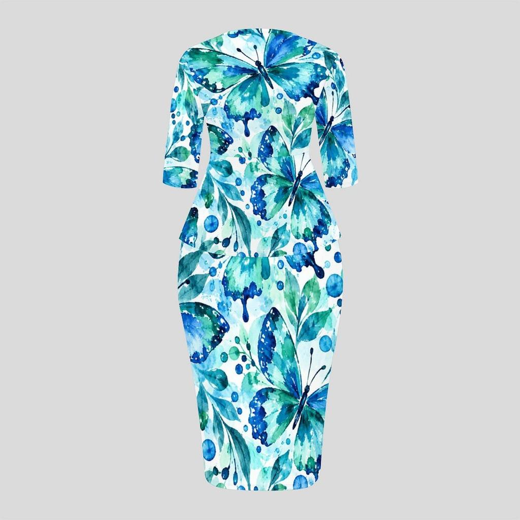 Women Plus Size Round Neck Three Quarter Sleeve Butterfly Printed Peplum Top And Fitted Skirt Two Piece Set