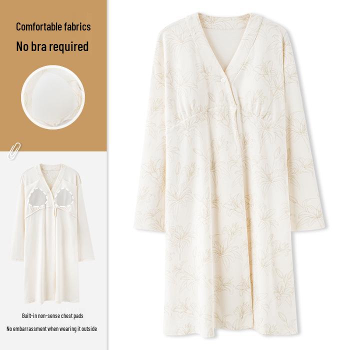 Bavlnová těhotenská noční košile s prsními vložkami pro předporodní a poporodní kojení, jarní/podzimní nošení