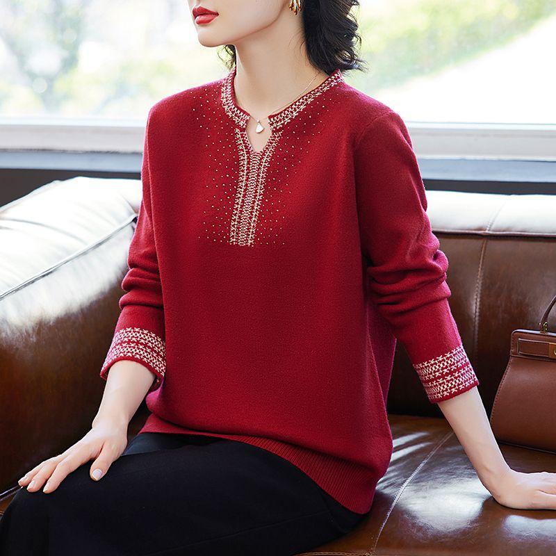Suéter de Punto Rojo Otoñal para Mujeres Mayores Acogedor Cálido Ropa para Madre de Mediana Edad
