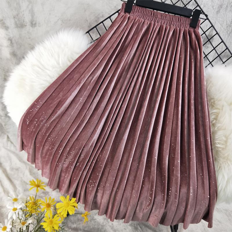 Golden Velvet Skirt Women's Autumn and Winter Elastic Waist A-line Pleated Skirt Chin Mid-length Skirt