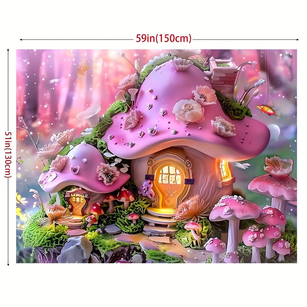 Pink Fairy Tale Mushroom Cottage Tapestry, Party and Photography, Perfect for Spring/summer Event Mushroom Party Decorations