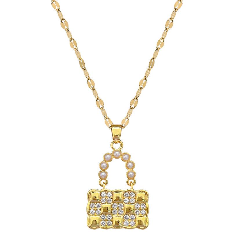 Pearl Sachet Bag Light Luxury Temperament Gorgeous Full Diamond Necklace Women'S Versatile Collarbone Chain Titanium Steel Chain