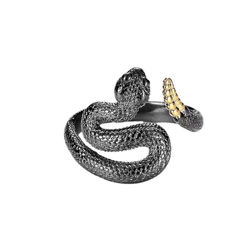 Adjustable Open Ring With Rattlesnake Motif Vintage Style Sterling Unisex Jewelry