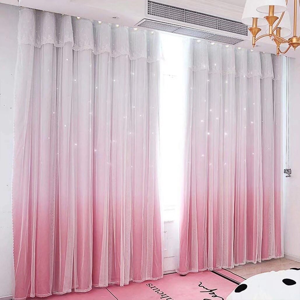 

Рюшированные светонепроницаемые шторы с градиентным светом, стильной перфорацией в виде звезд, регулируемой толщиной, теплоизоляционные, идеально подходят для эркера, узкого окна и французского окна. розовый