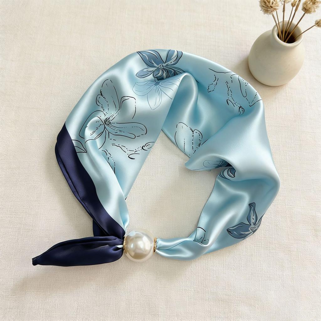 Scarf Magnetic Silk Collarbone Pearl Neck Scarf Thin Lazy Pendant Chain Buckle Bandana Handkerchief Foulards Femme Accesories