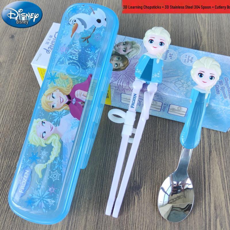 Disney 3D Cartoon Children's Stainless Steel Cutlery Set: Fork, Spoon, and Training Chopsticks