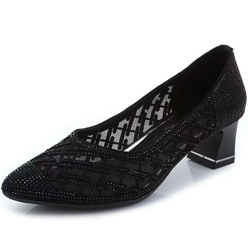 2025 Summer Rhinestone Mesh Pointed-Toe Mid-Heel Sandals with Skirt, Women's Fashion Shoes