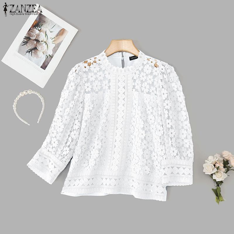 ZANZEA Womens Casual 3/4 Sleeve Loose Patchwork Lace Blouse