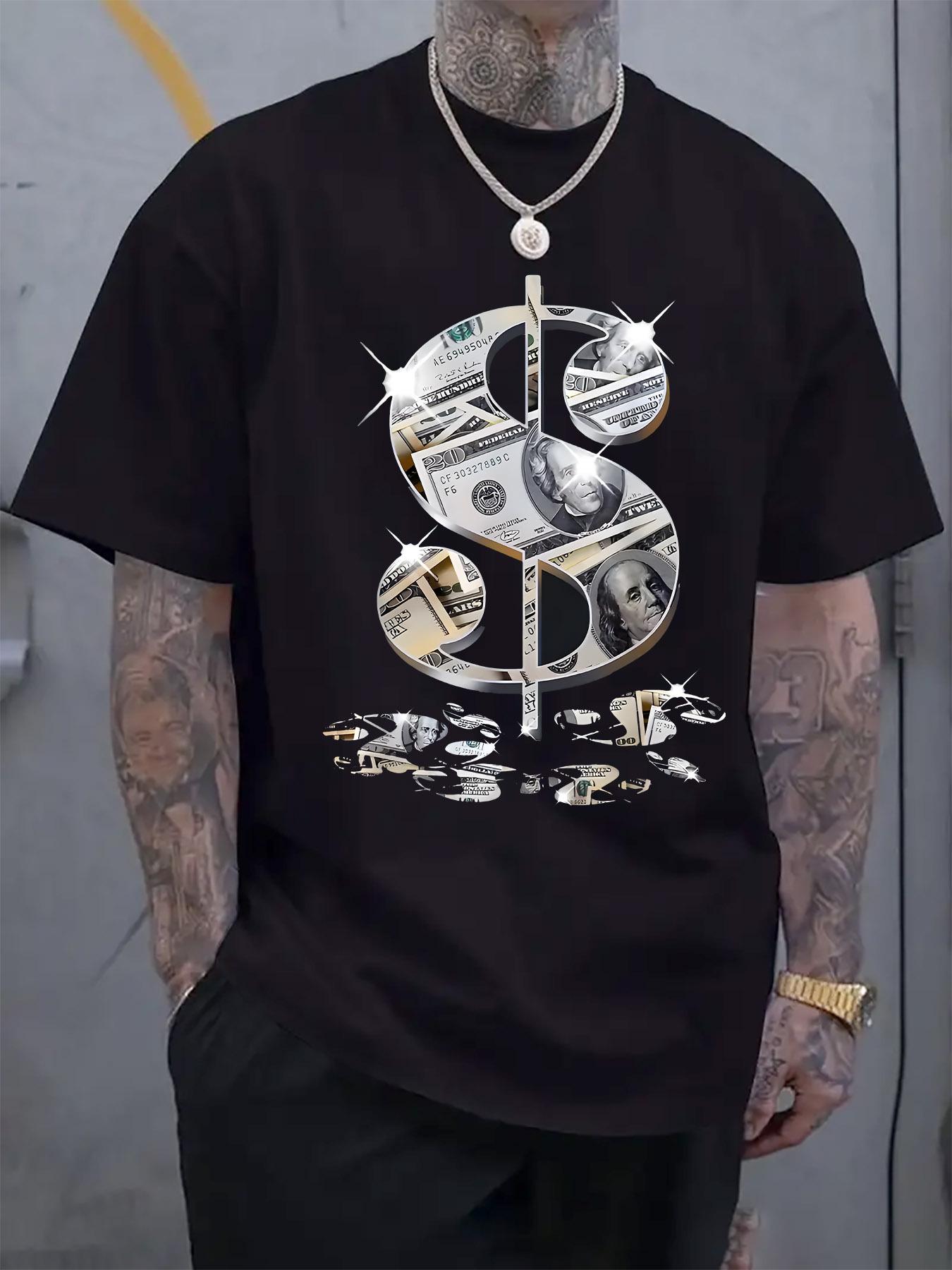 Casual Crew Neck T-shirt with Dollar Sign Print - Short Sleeve XXL
