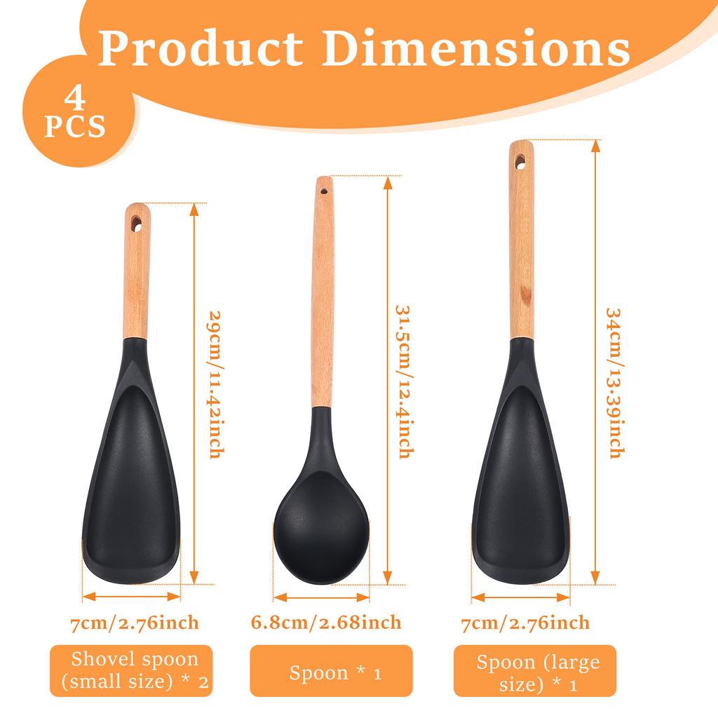 3/4Pcs Silicone Cooking Spatulas Spoons Set Wood Handle Multi-functional Serving Spatula Spoon for Baking Scooping and Scraping
