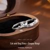 Sterling Silver Cat & Puppy Couple Rings: Cute, Simple Design for Students