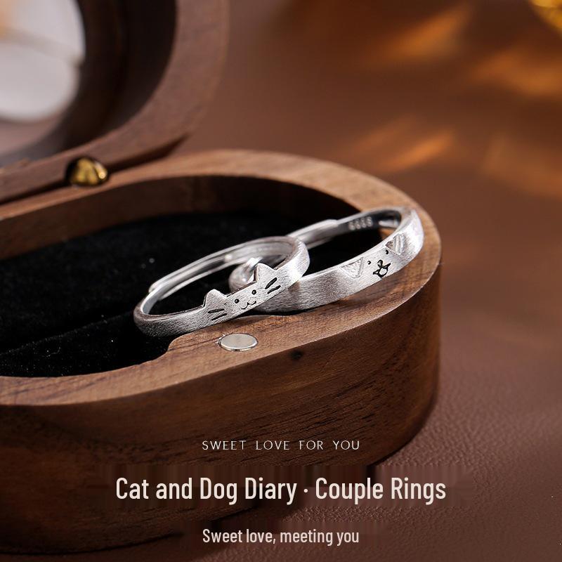 Sterling Silver Cat & Puppy Couple Rings: Cute, Simple Design for Students
