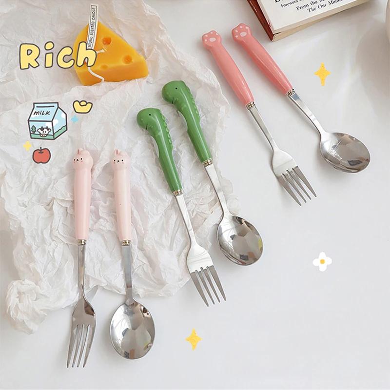 Ins Cartoon Bear Dragon Spoon Fork Chopsticks Cutlery Set for Children Kids School Cute Portable Stainless Steel Tableware