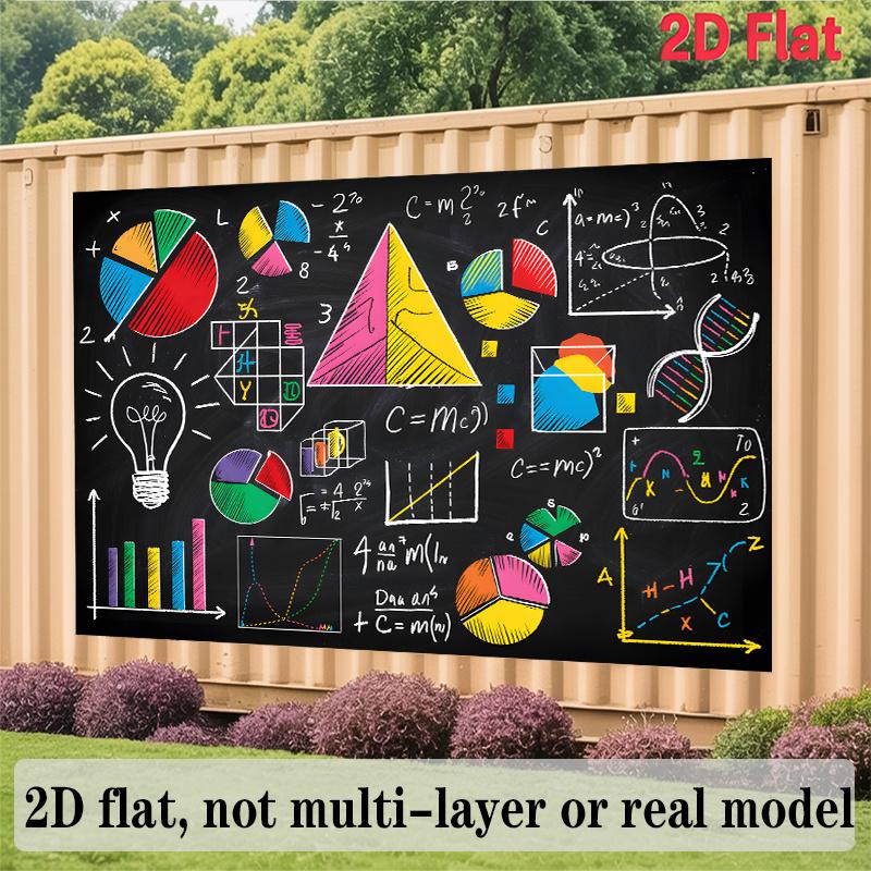 One 2D Flat Banner, In a Blackboard Style, Featuring Elements of Mathematics and Science. Background Decoration.