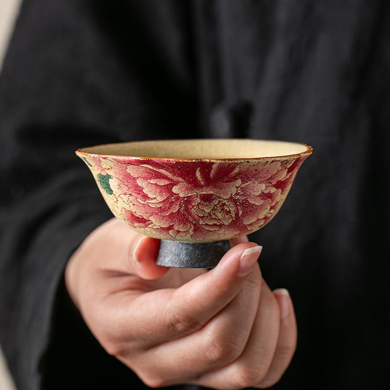 Ceramic master cup old retro peony small single tea cup household high-end tea set tea cup