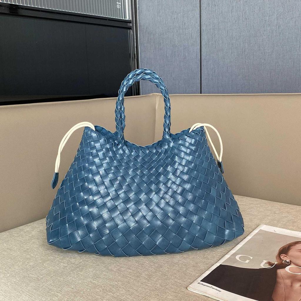 Retro Style Genuine Leather Hand-Woven Basket Handbag - Versatile Women's Bag with Thick Leather Strips