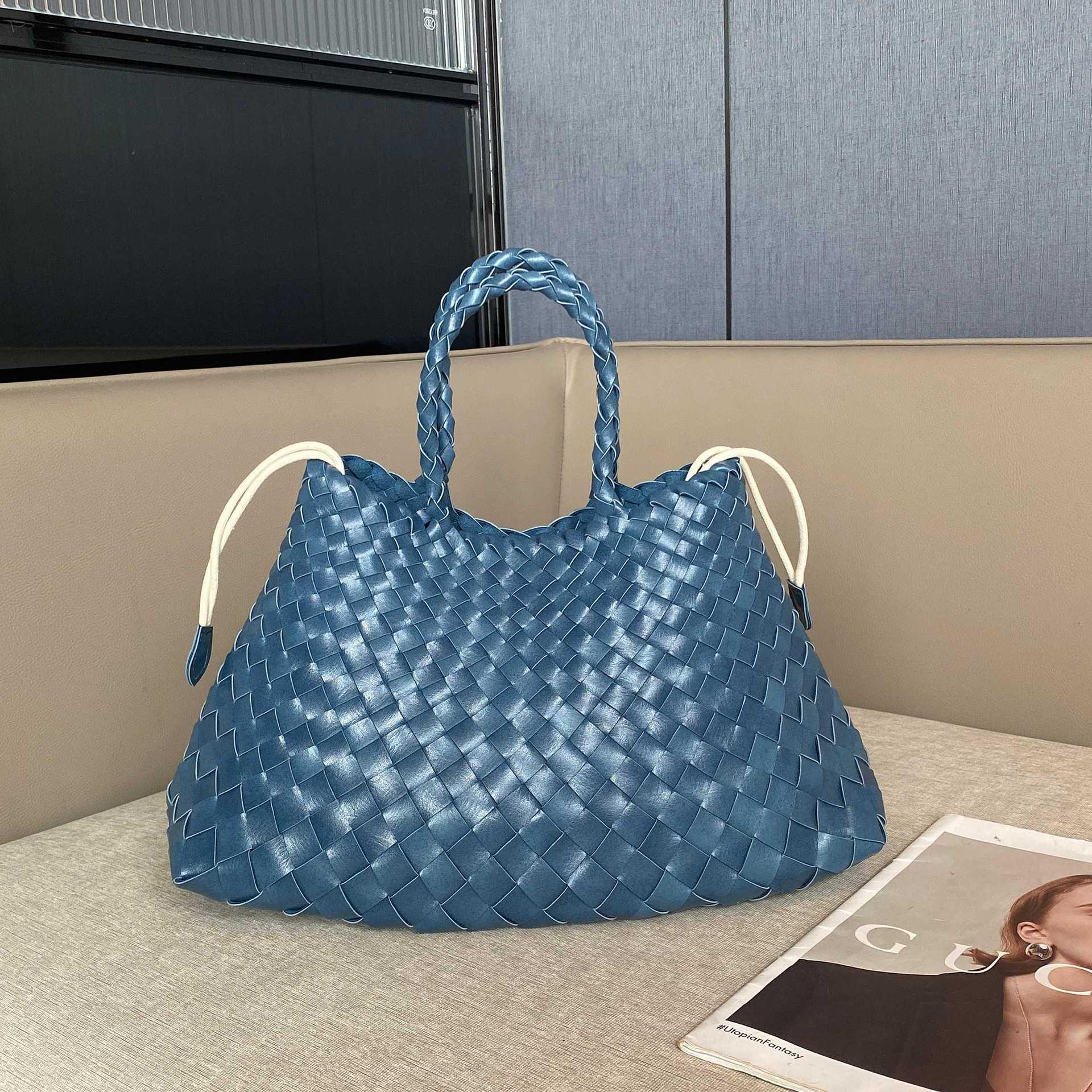 

Сумка-кошик ручної роботи з натуральної шкіри в ретро-стилі - Універсальна жіноча сумка з товстих шкіряних смуг 35CM*15*20CM синій