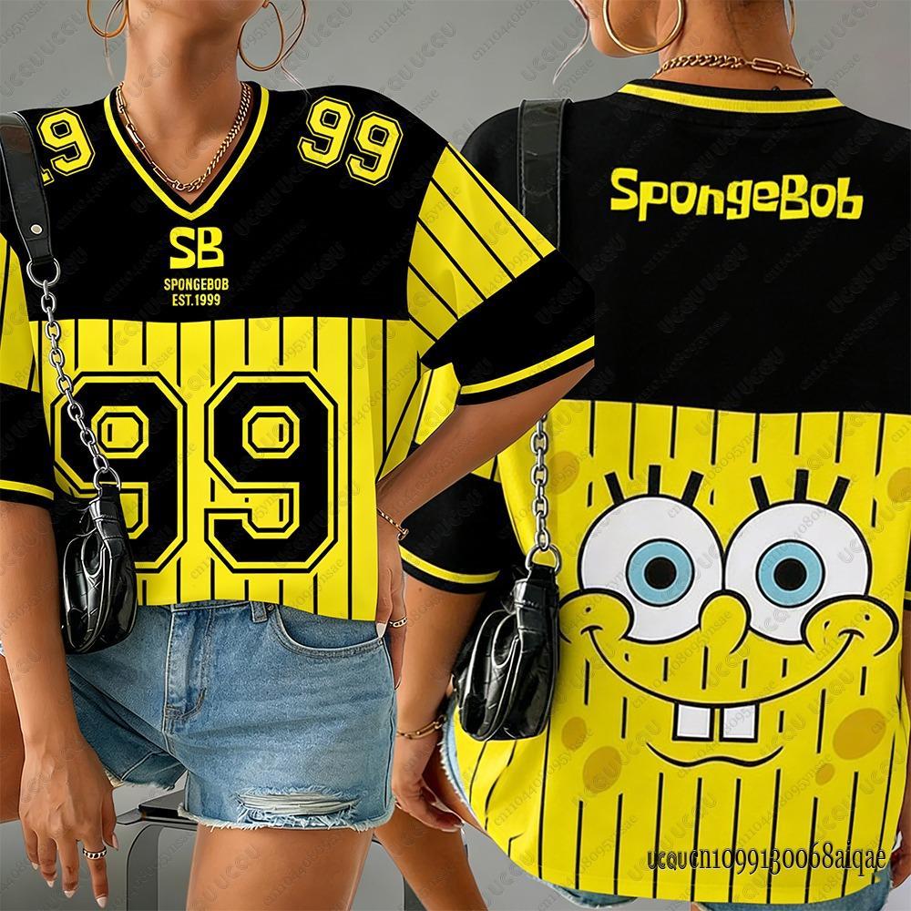 

SpongeBob SquarePants Print Tshirts For Women Summer V-neck Sports Football Jerseys Casual Couple Street Clothing Y2K Female Top S